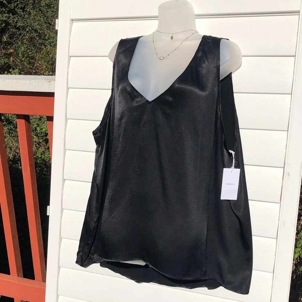 NWT Nordstrom Black Satin V-Neck Camisole - Picture 3 of 8